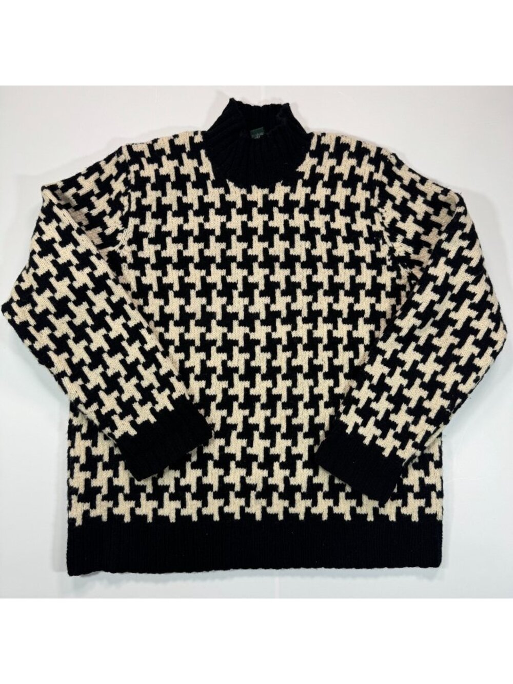 Lauren Ralph Lauren Sweater Womens L Beige Houndstooth Wool Knitted Cozy Holiday
